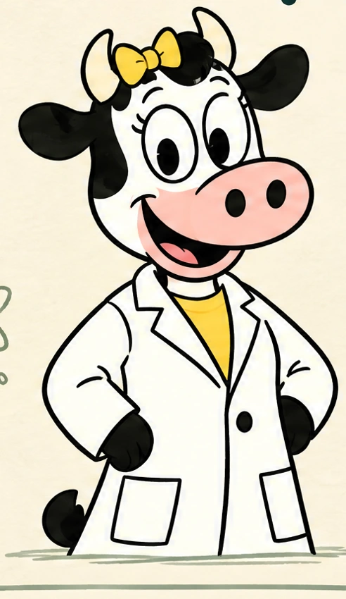 Bessie, smiling in her white lab coat and yellow bow.