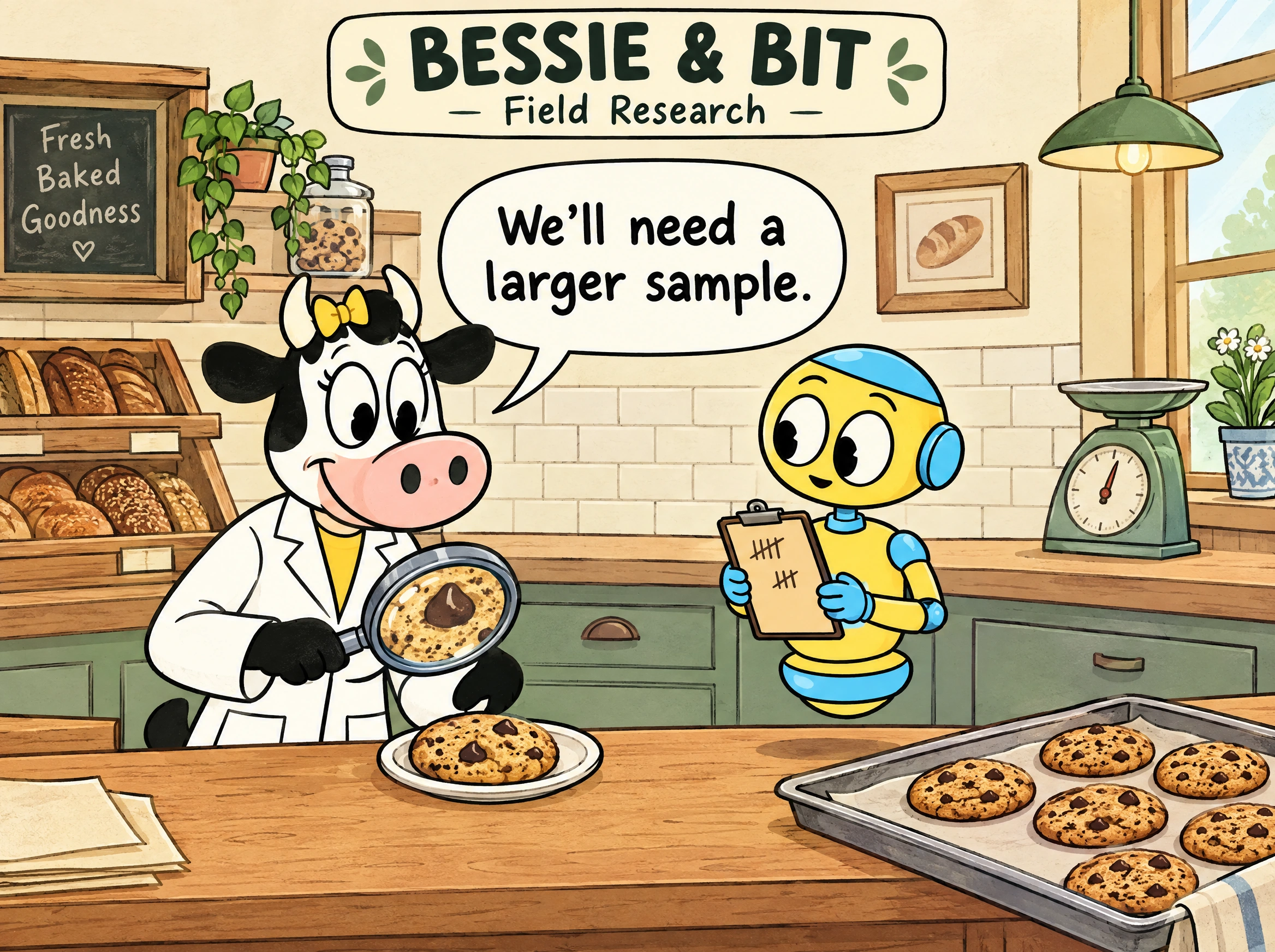 Bessie examines a cookie through a magnifying glass while Bit takes notes. Bessie says: We’ll need a larger sample.