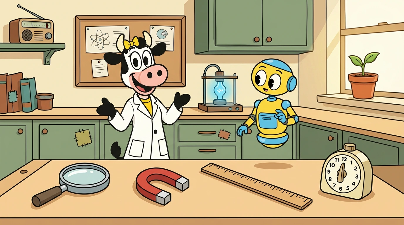 Bessie and Bit’s lab, with a magnifying glass, magnet, ruler, timer, and seedling to discover.